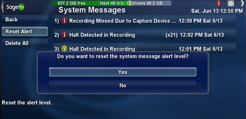 SageTV System Message Reset Alert