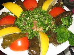 Warak enab mahshee (vine leaves stuffed with an aromatic mix of rice, parsley and spices) - £4.25