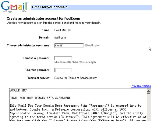 gmail for your domain 创建管理账号页面