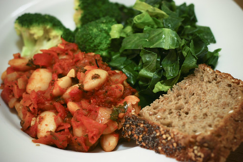 Mediterranean Baked Beans with No Knead Bread, Broccoli and Steamed Spring Greens