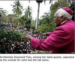Desmond Tutu on the balcony of the Hotel Montana in Port-au-Prince