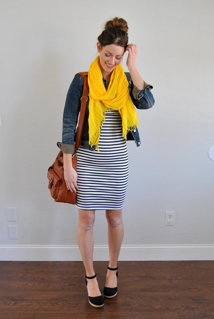 striped dress + denim jacket + yellow scarf