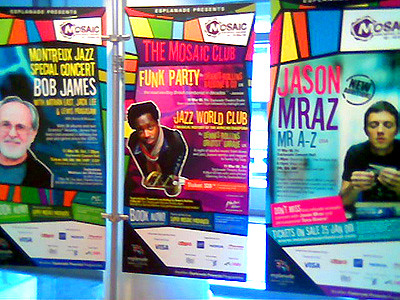 Colorful banners inside Esplanade theatre and museum