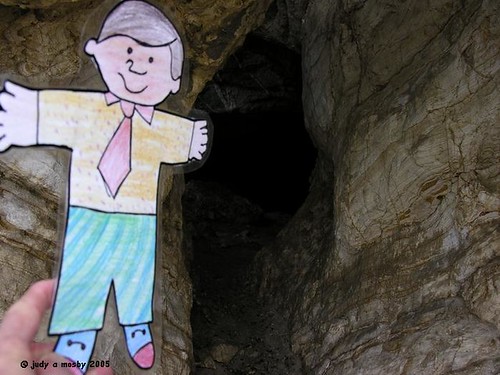 Flat Bobby in front of another opening at the Lovelock Cave