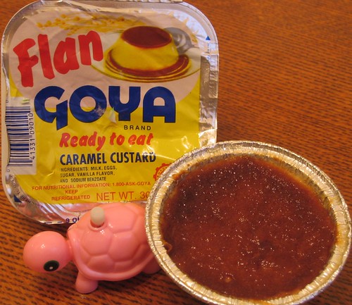 prepackaged flan and a pink wind-up turtle