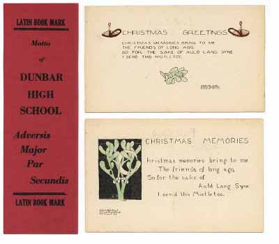 Christmas cards and Latin book mark, Dunbar High School, c. 1920