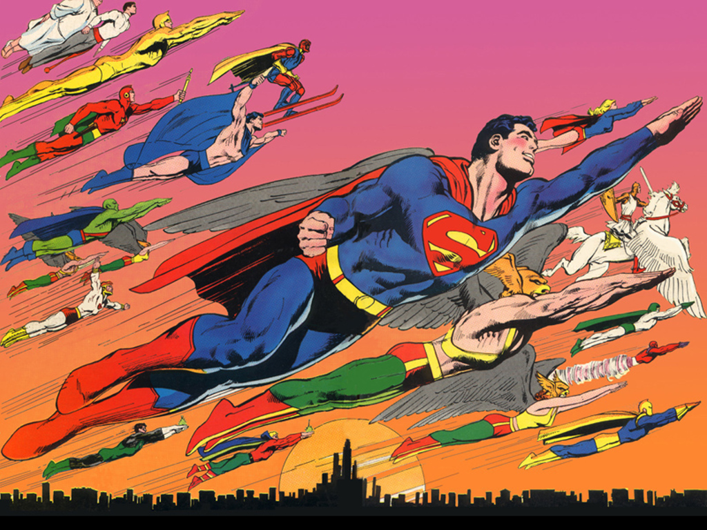 Neal Adams DC Heroes flying around Superman