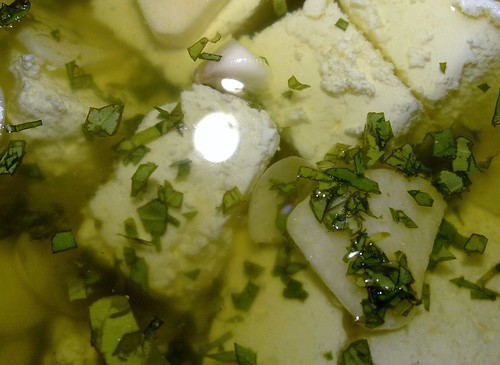 Zakąska z białego serwa w oliwie z czosnkiem i bazylią.