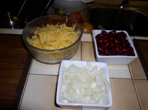 Toppings: cheddar cheese, onions and kidney beans