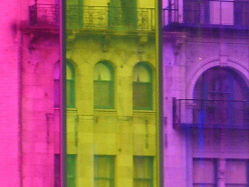 a closeup of some colorful windows in the palais de congres, montreal