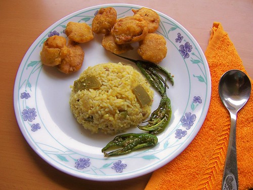 Mamidikaya Pappu Rice with Fried & Salted Green Chillies,Beerakaya Bajji