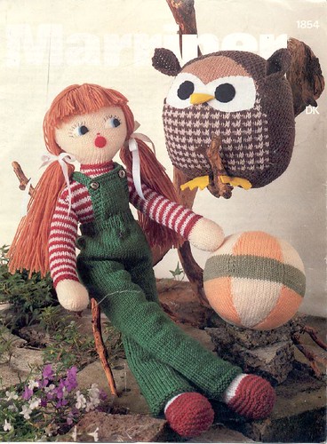 Vintage knitted doll, ball, owl