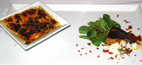 Deux Foie Gras: Cr´me Brûlée of Foie Gras, Roasted Apple and Chèvre; Seared Foie Gras on Watercress Salad with Boursin and Crispy Serrano Ham