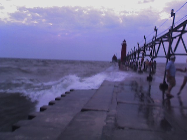 looking up the grand haven pier, heavy seas 1