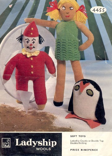 Vintage knitted doll, clown, penguin