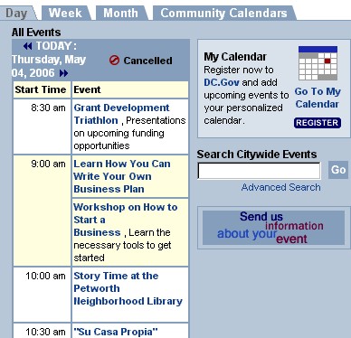 Partial screenshot, DC Government Calendar