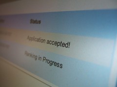 Photo of an LCD showing the SoC web app: “Application accepted!”