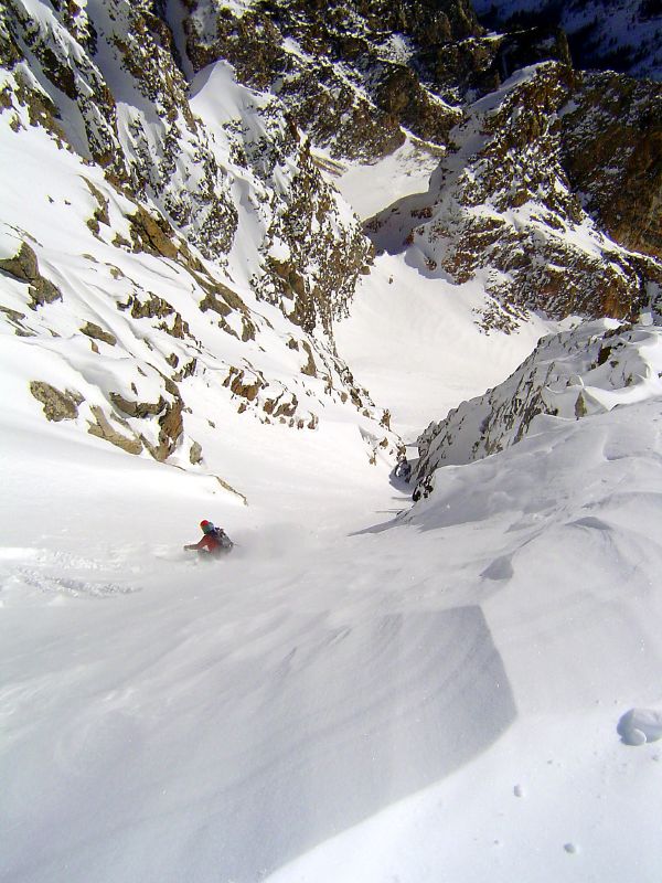 Skiing the Southeast Couloir on the South Teton