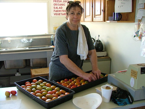 Debra sorting tomatoes she just picked
