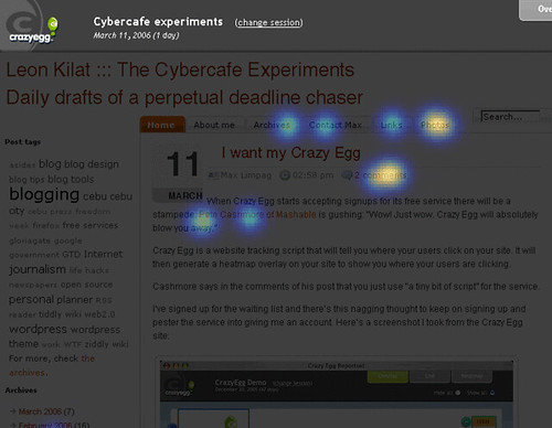 Screenshot of my Crazy Egg webpage activity data