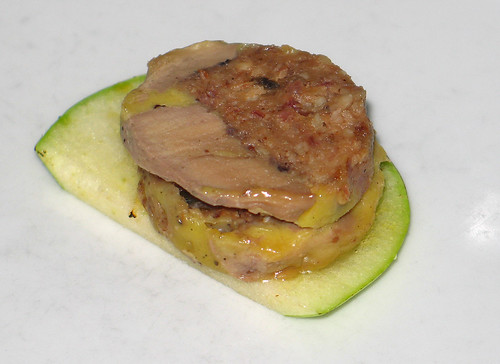 Amuse Bouche #1: Terrine of Foie Gras, Brie and Praline Bacon on a Brûléed Apple