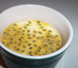 Panna cotta with basil syrup and passionfruit
