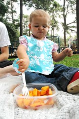 Double-fisted fork finds sweet georgia peaches too slow to reach mouth.