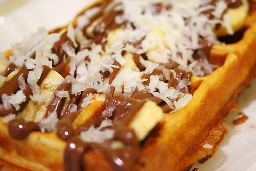 waffle with nutella, banana, and coconut flakes