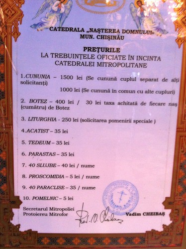 Prețurile la trebuințele oficiate în incinta Catedralei Mitropolitane Ortodoxe din Chiși nău