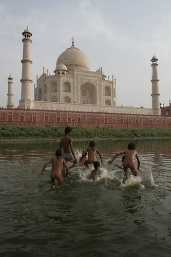 Naked Children Having Splash Behind the Taj at Yamuna River