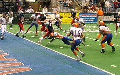Ronnie McCrae's second touchdown, which would have been the game winner if not for Luzayadio's last-second FG.  Evansville Bluecats 33 @ Fort Wayne Freedom 31, May 20, 2006