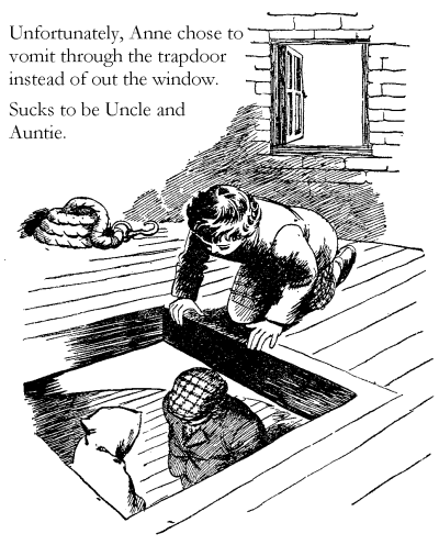 Unfortunately, Anne chose to vomit through the trapdoor instead of out the window. Sucks to be Uncle and Auntie.