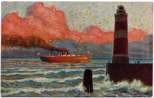 Postcard:  Steamer & lighthouse ahead of the storm
