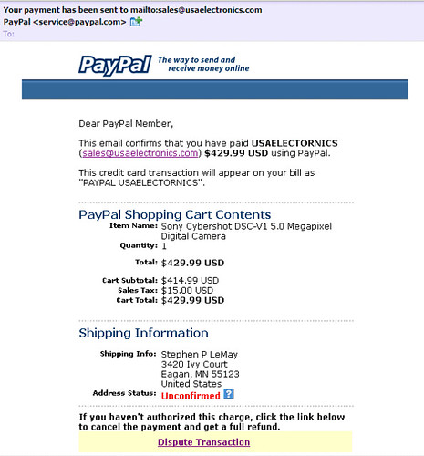 PayPal-like spam message