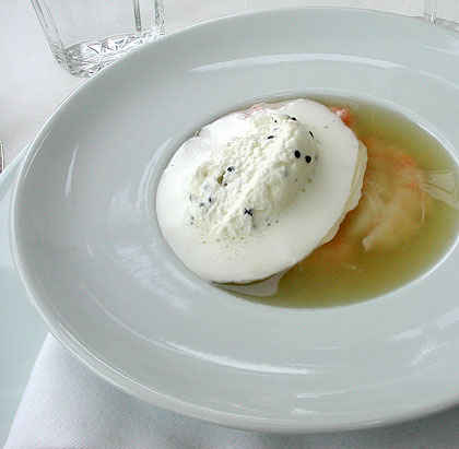 Langoustines in consomme with caviar cream