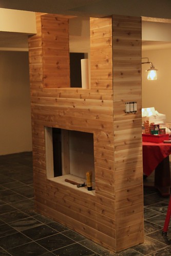 cedar paneling on fireplace