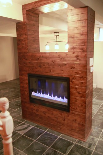 cedar paneling on fireplace