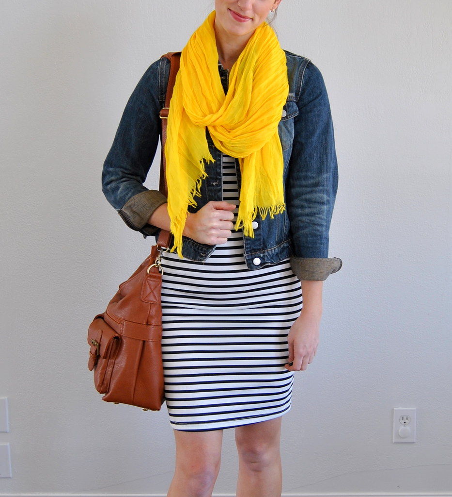striped dress + denim jacket + yellow scarf