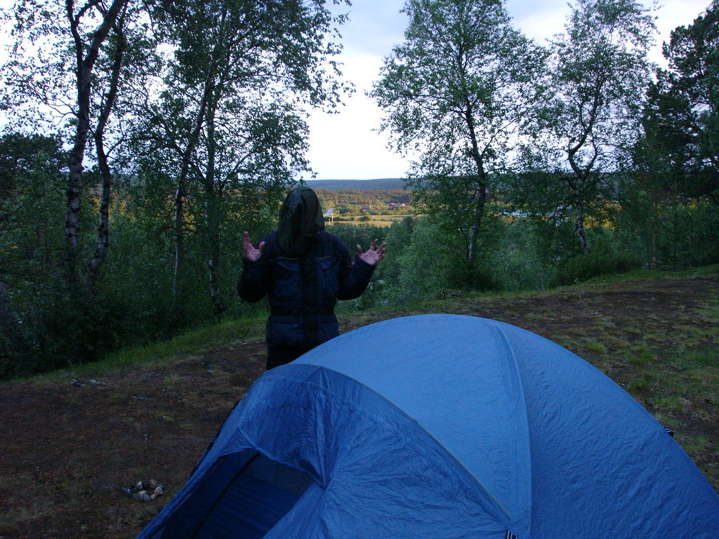 Tom in a mosquito head cover at campsite near Karigasniemi, Finland