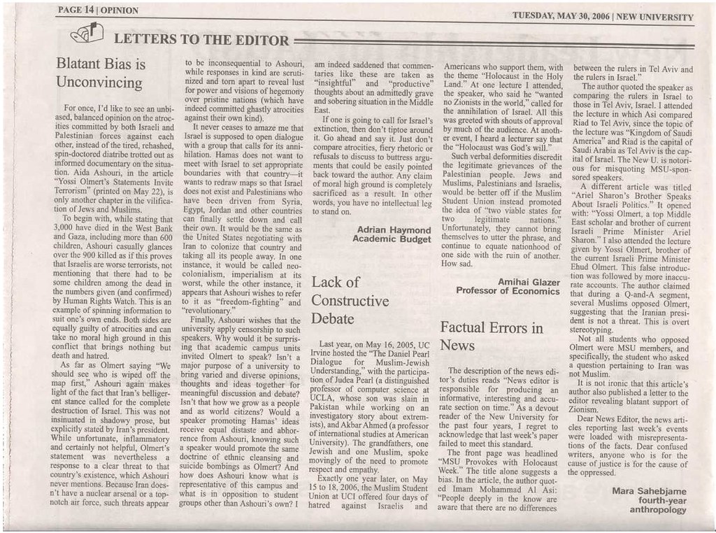 20060530 NewU Letters to the Editor