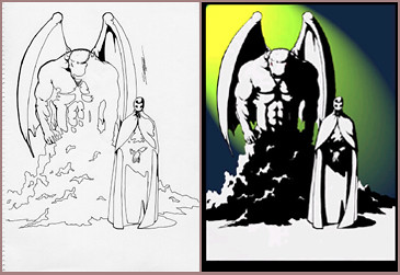 Dibujo de Syhan el Dios y acólito color y blanco y negro