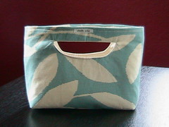 handmade tote, blue with off-white leaves
