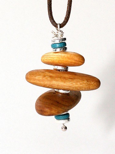SOLD Trio I - recycled wood beads, ceramic beads, silver beads & sterling silver wire necklace