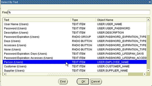 Oracle Form Personalization (Users) Actions tab Select by text button