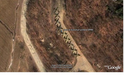 NKPA Sukhoi SU-25 ground attack aircraft sit unhangared at Sunchon Airfield, N of Pyongyang.  Google Earth photo.