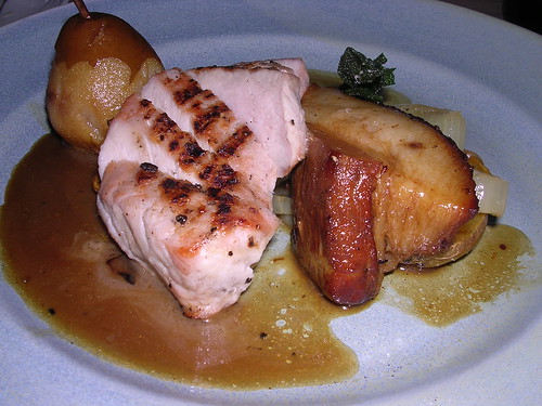 Pork Two Ways with Pear Confit, Fingerlings and Cider Sauce