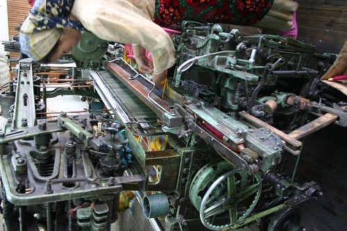 Complicated Russian weaving machine at the Yodgorlik Silk Factory