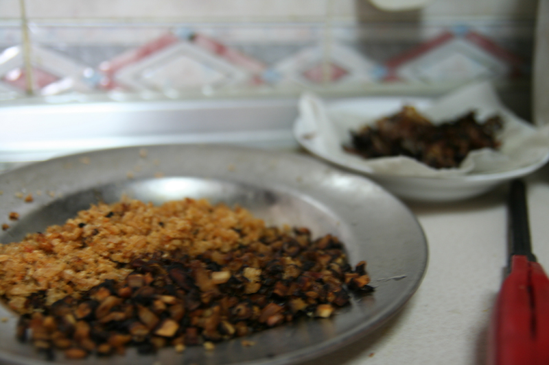 Dried shrimps, meat, mushrooms and shallots (bkgd)