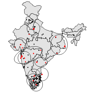 India map showing branches and hub coverage