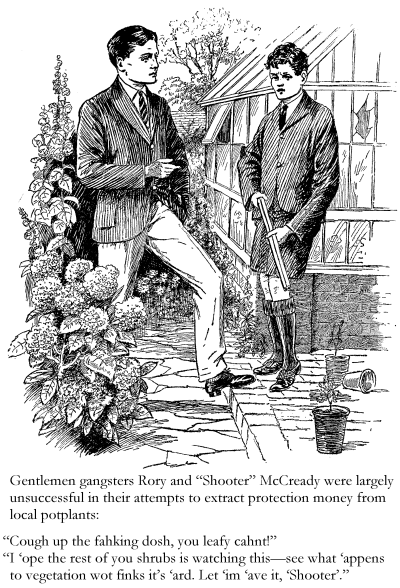 Gentlemen gangsters Rory and “Shooter” McCready were largely unsuccessful in their attempts to extract protection money from local potplants: 'Cough up the fahking dosh, you leafy cahnt!' 'I ‘ope the rest of you shrubs is watching this—see what ‘appens to vegetation wot finks it’s ‘ard. Let ‘im have it, ‘Shooter’.'